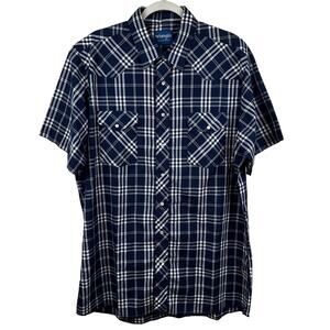 Wrangler Pearl Snap Shirt Plaid Short Sleeve X-Large Navy Western Cowboy Rodeo